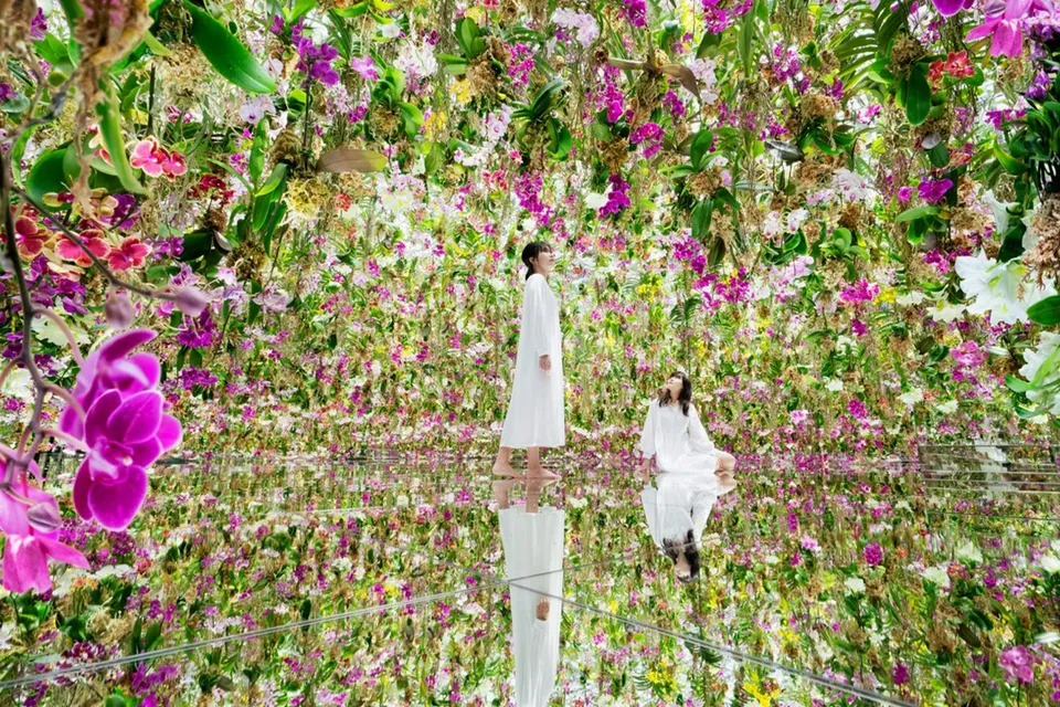 Visitors in a floral room at TeamLab Planets Tokyo immersive art exhibit.