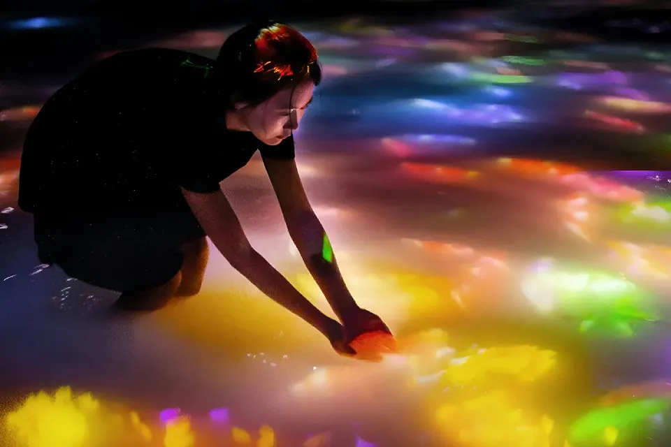 Person interacting with colorful digital koi and flowers at teamLab Tokyo.