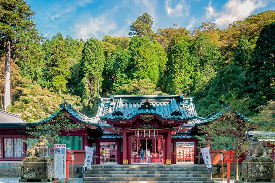 Hakone Shrine entrance with visitors, surrounded by lush forest in Japan.