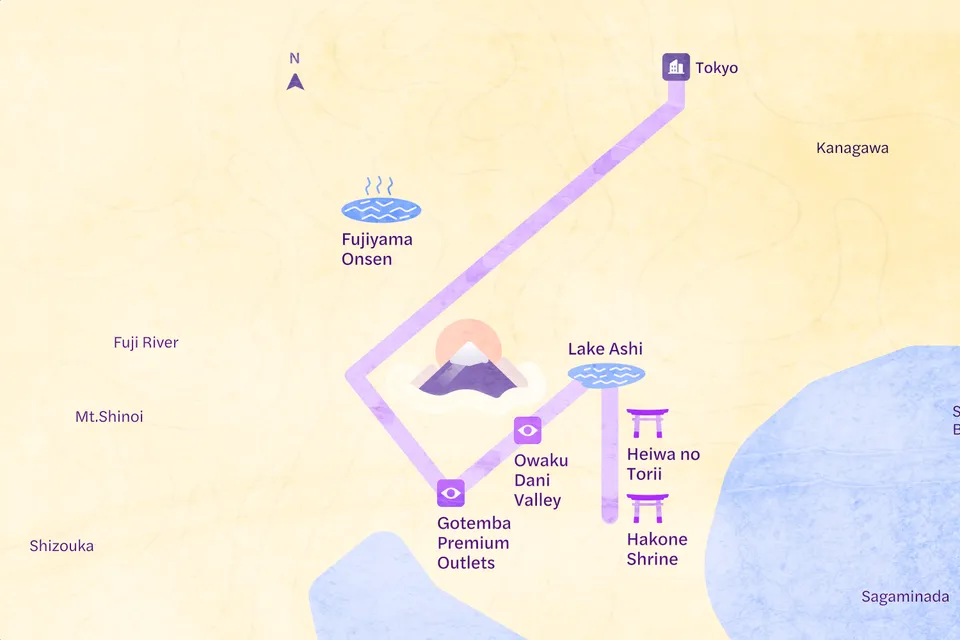 Tokyo day tour map featuring Mt. Fuji, Lake Ashi, Owaku Dani Valley, and Fujiyama Onsen.