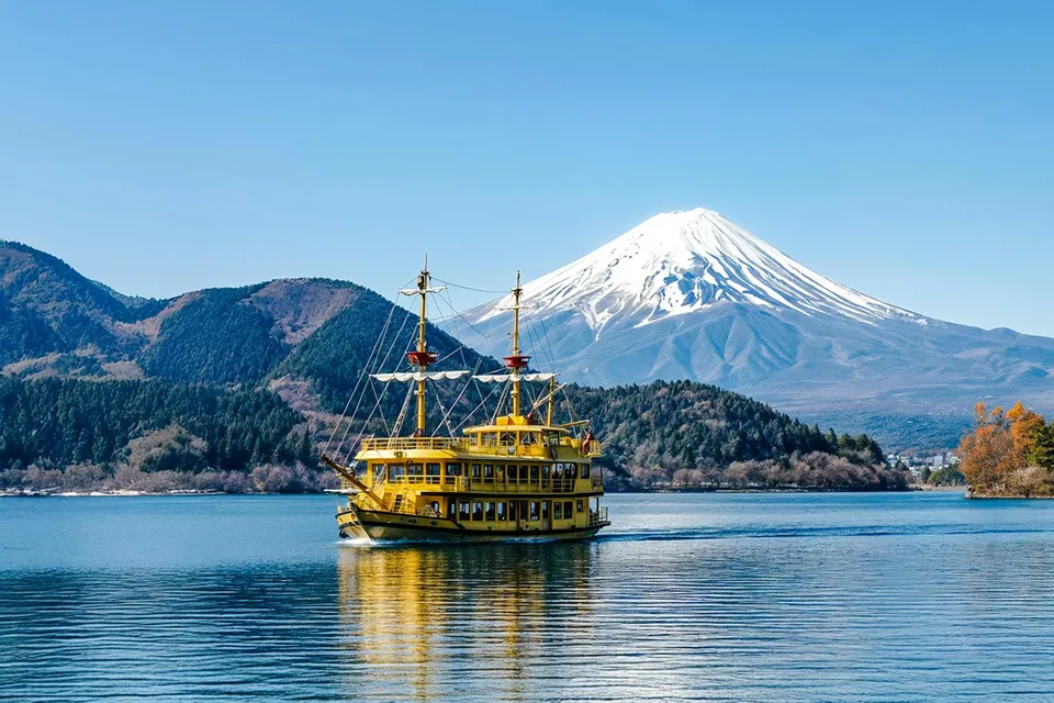 Pirate ship on Lake Ashi with Mount Fuji in the background, Japan.
