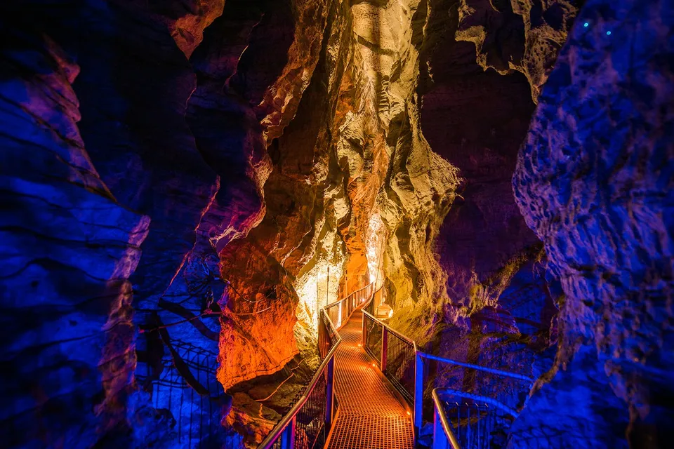Walkway through illuminated Waitomo Glowworm Caves, New Zealand.