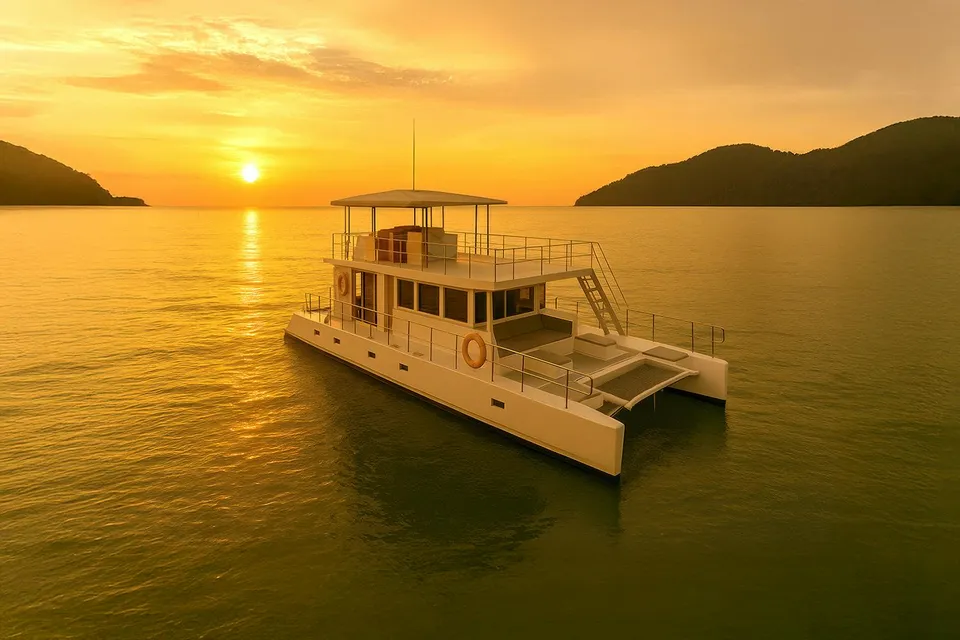 Catamaran sailing during Langkawi sunset cruise with islands in the background.