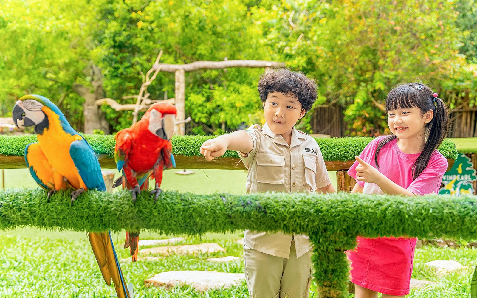 Kids interacting with colorful parrots at Vinpearl.