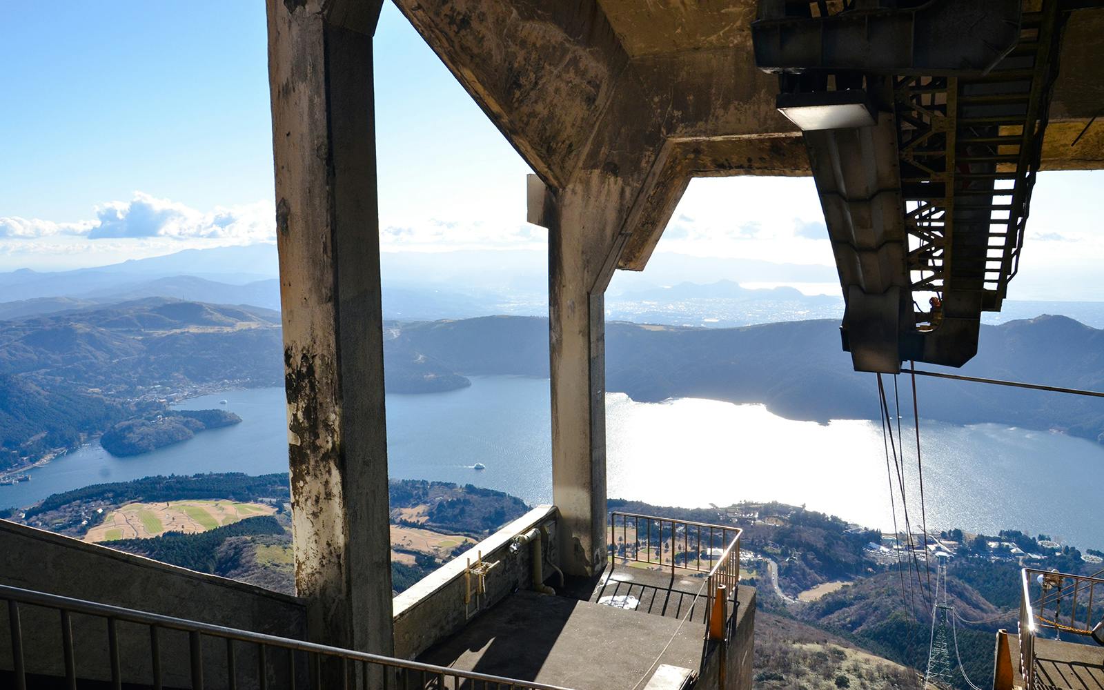 Ropeway Summit station in Hakone overlooking Lake Ashi and surrounding mountains.