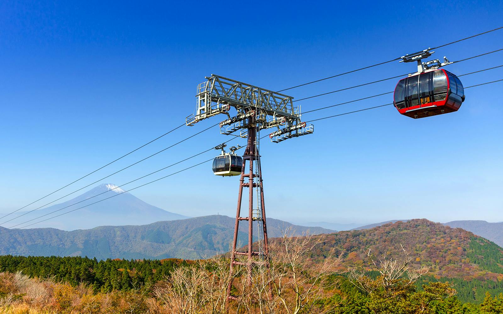 Ropeway gondolas ascending towards Mount Fuji with scenic mountain views.