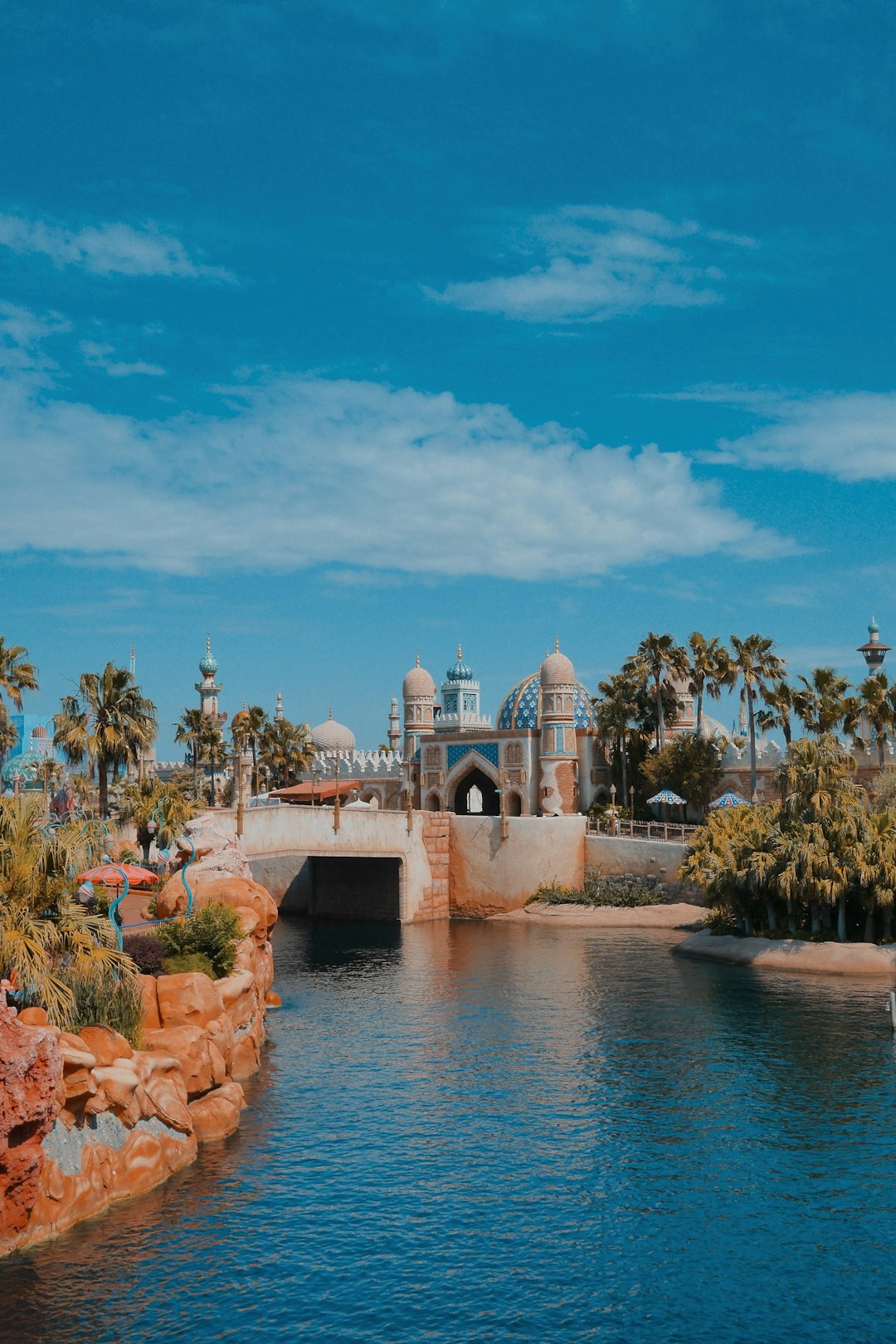 a large body of water surrounded by palm trees