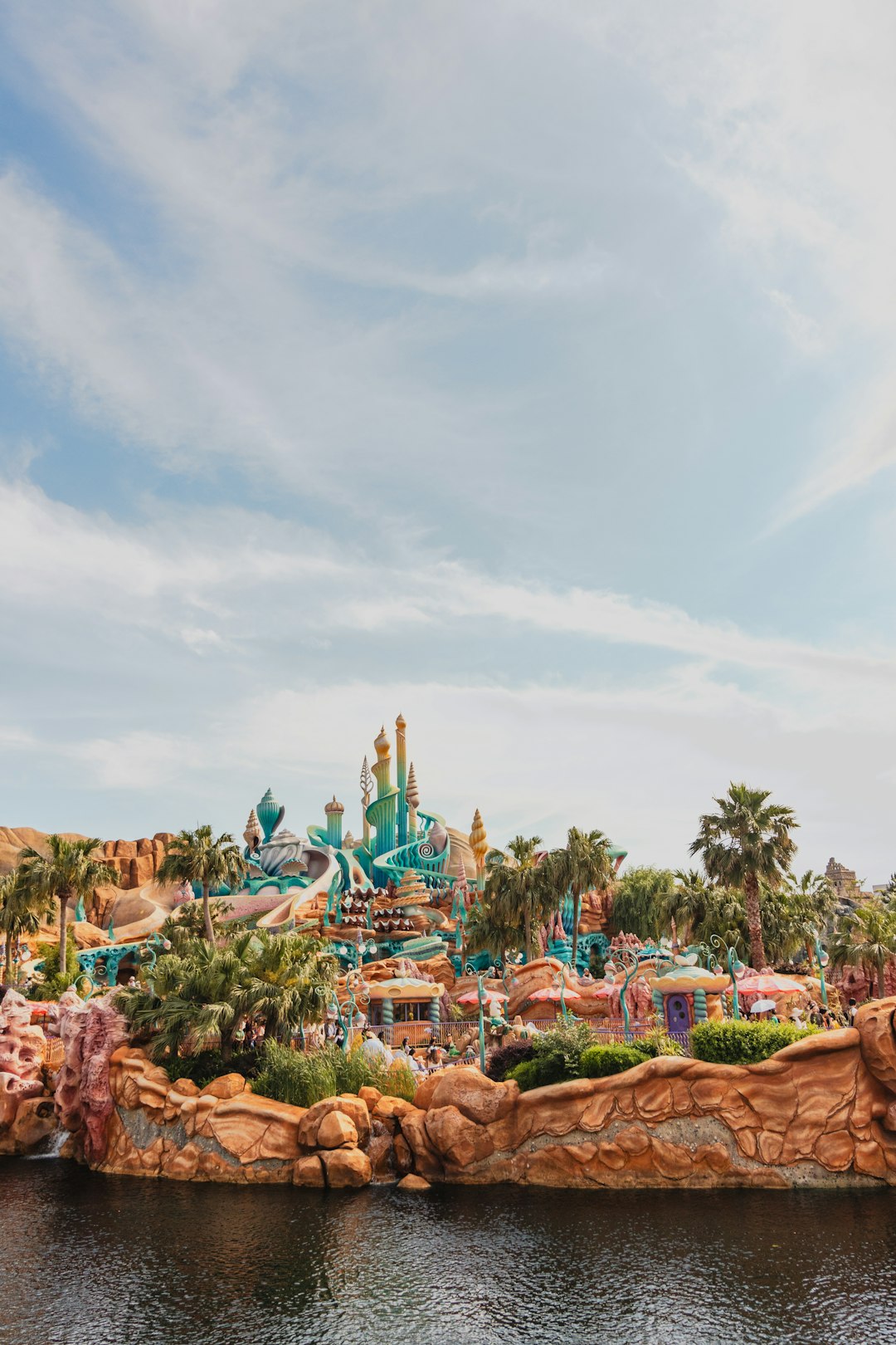 A view of a water park from the water