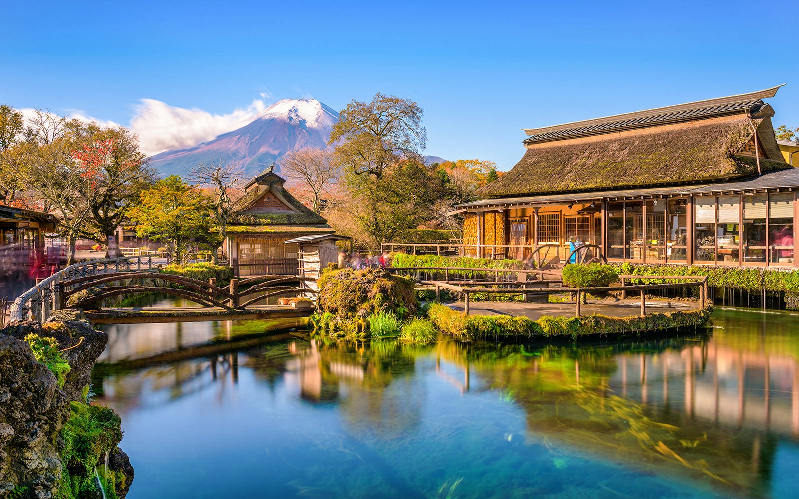 Traditional buildings and pond at Oshino Hakkai Village, Japan, with Mount Fuji in the background.