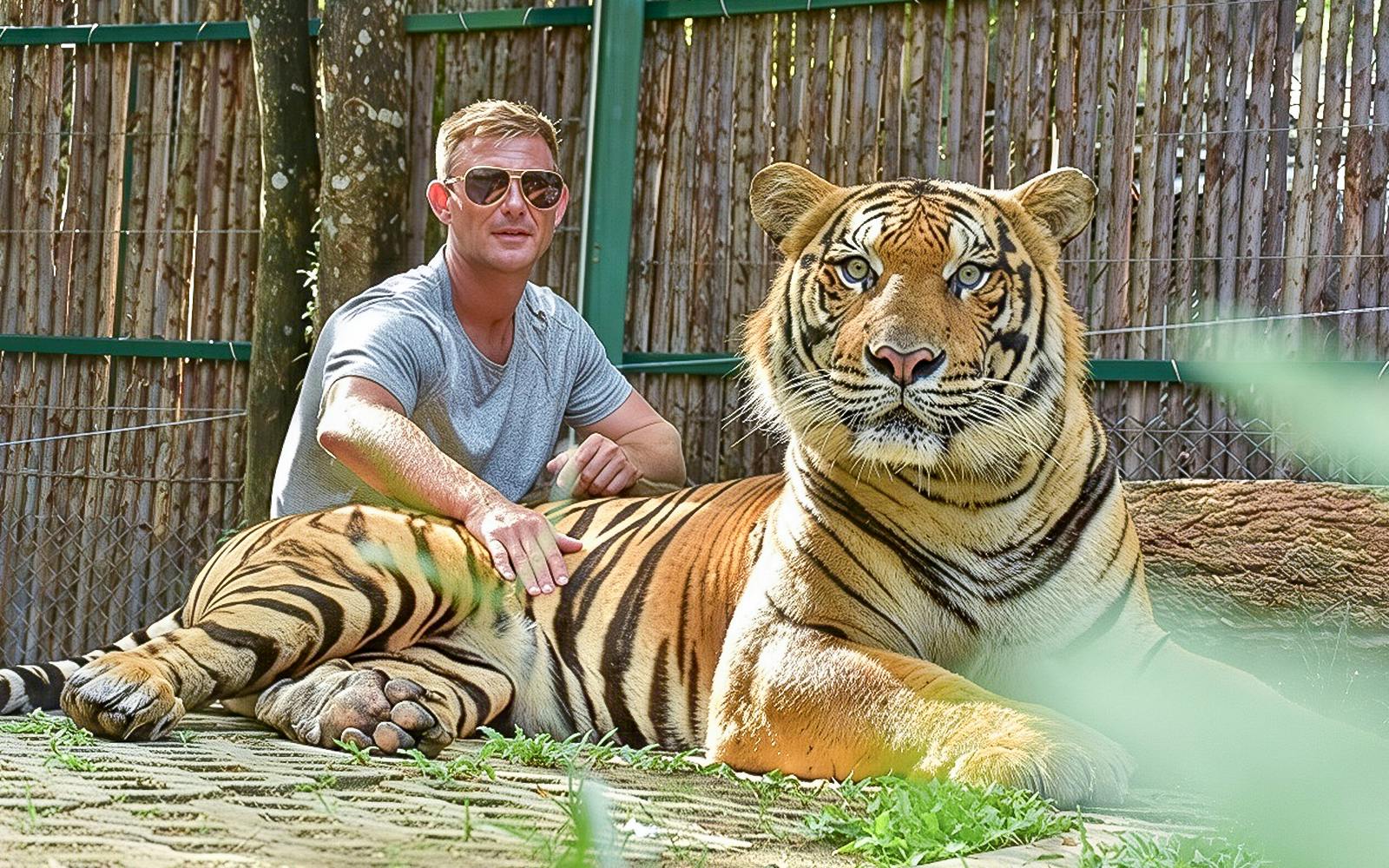 Man pets a tiger lying on grass at Tiger Kingdom experience.